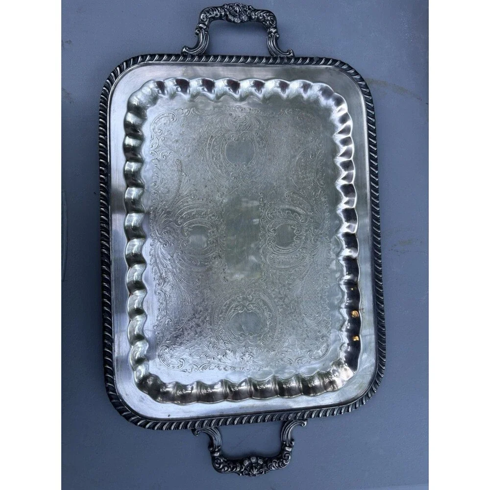 Vintage F.B. Rogers Silver Co 1460 Silver on Copper Serving Tray wOrnate Handles